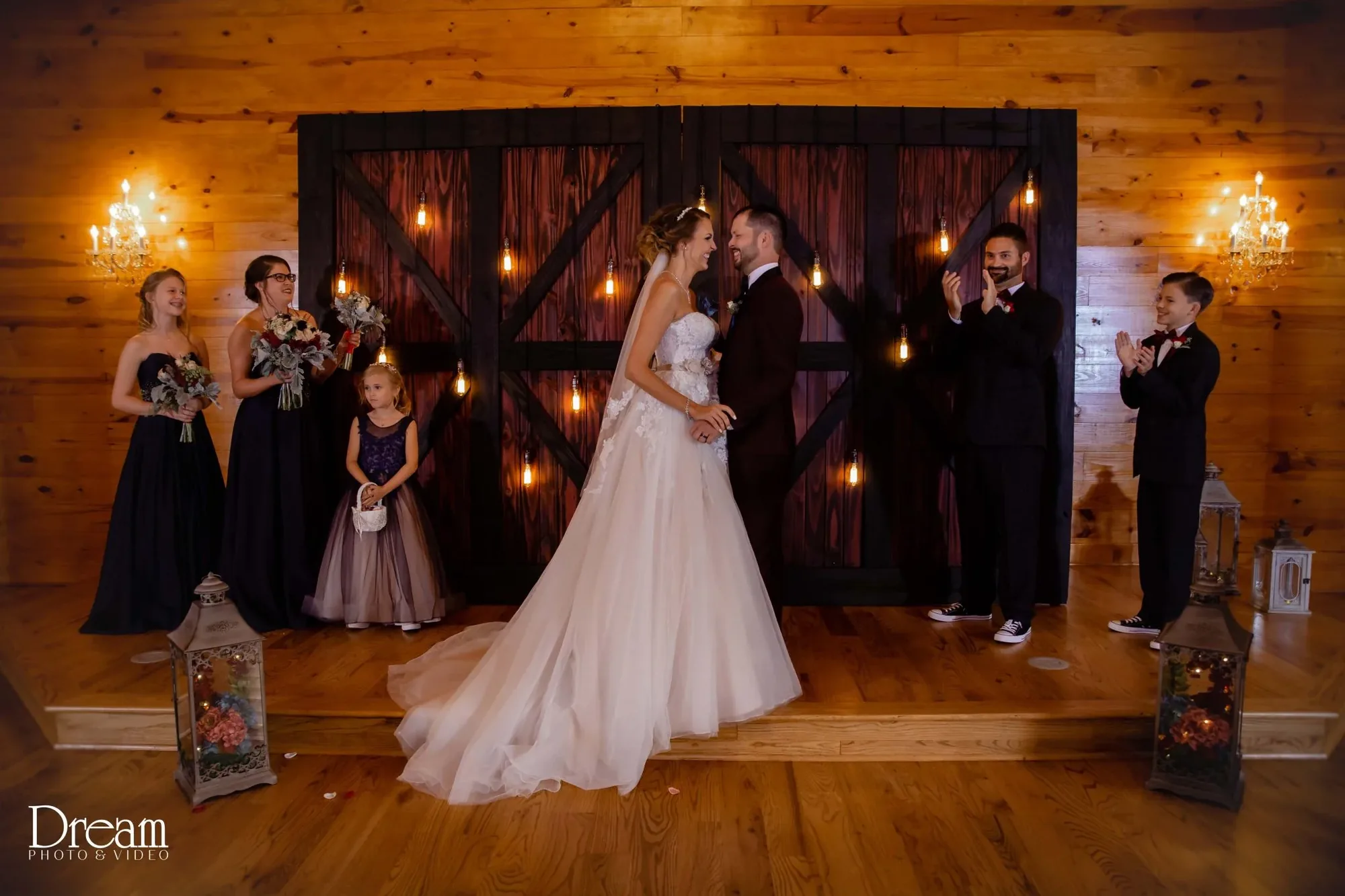Chapel ceremony with Edison bulbs